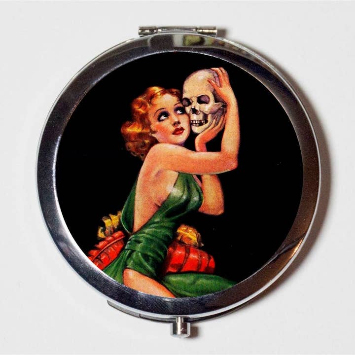 Pulp Skull Woman Compact Mirror - Goth Gothic Art Deco Macabre - Make Up Pocket Mirror for Cosmetics for wholesale by FringePop