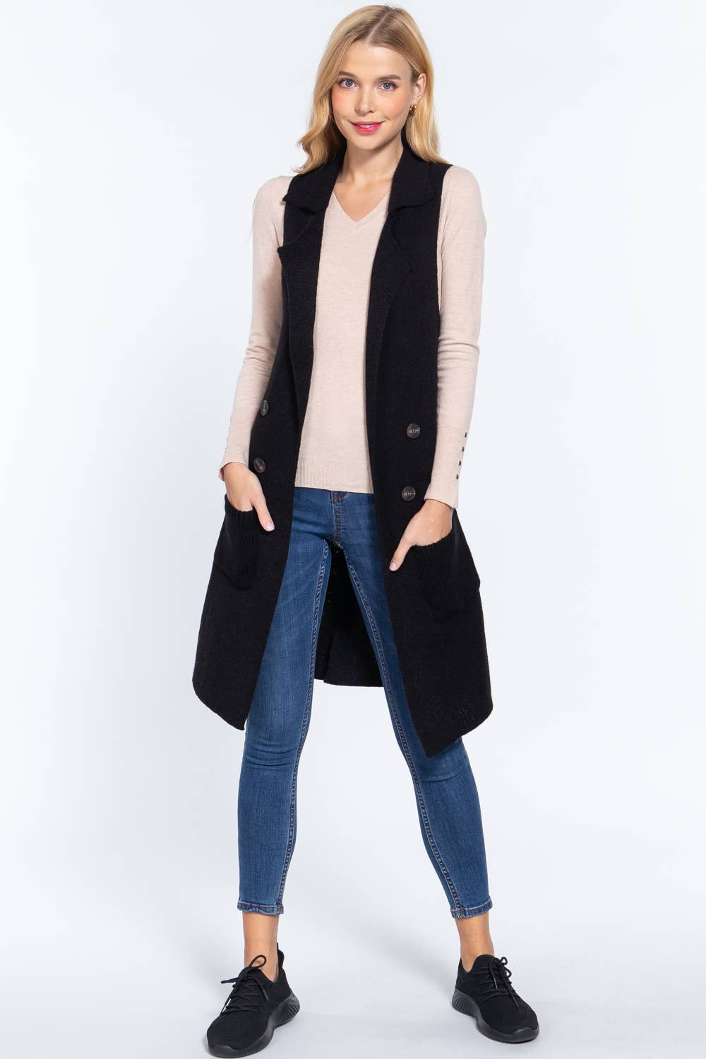 Active Basic | Active USA - Wholesale Outerwear Vest - Women's - Sleeveless Notched Collar Long Sweater Vest23