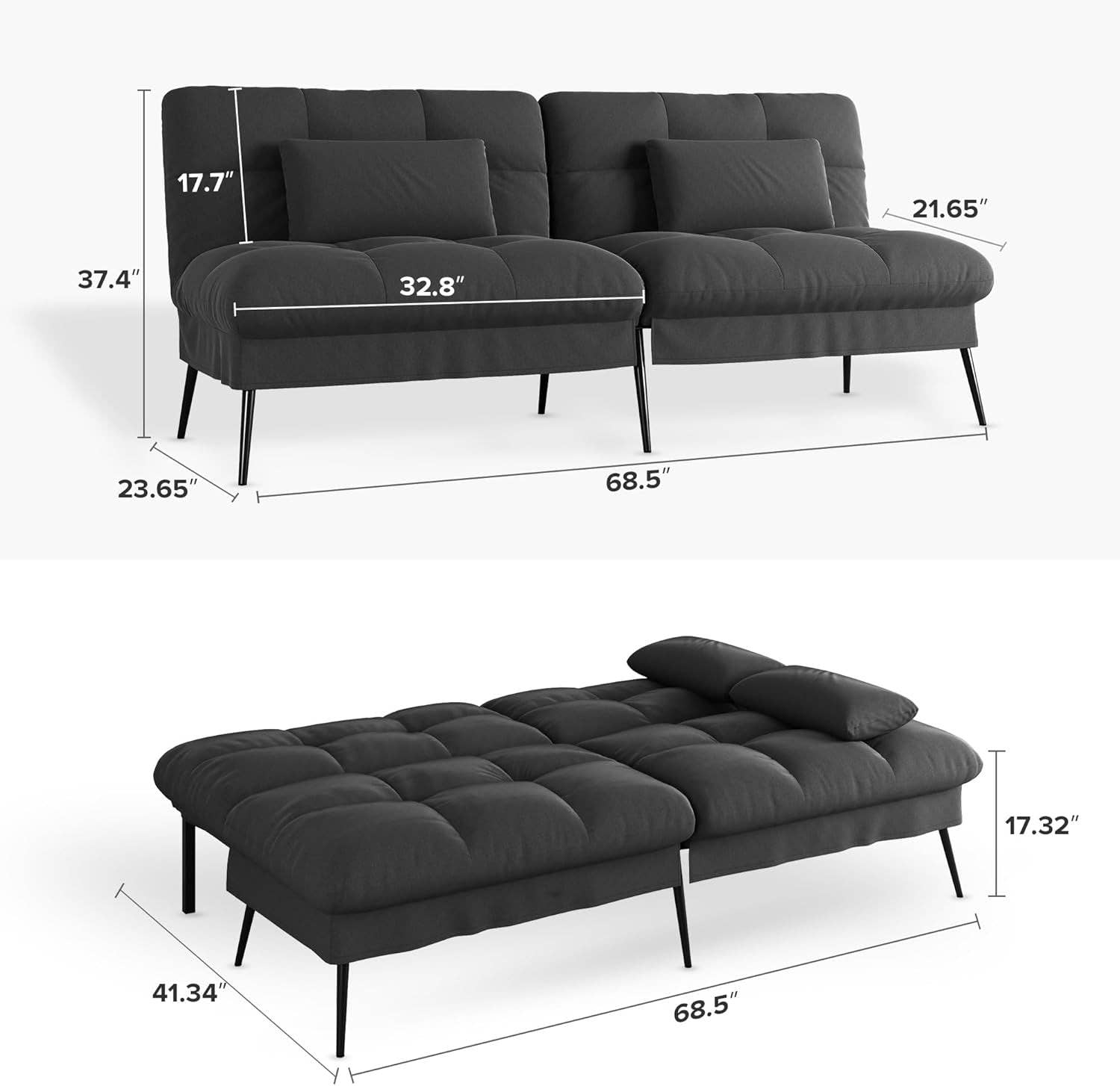 Black 68 Inch Convertible Futon Sofa Bed With Adjustable Backrest for wholesale on Faire2