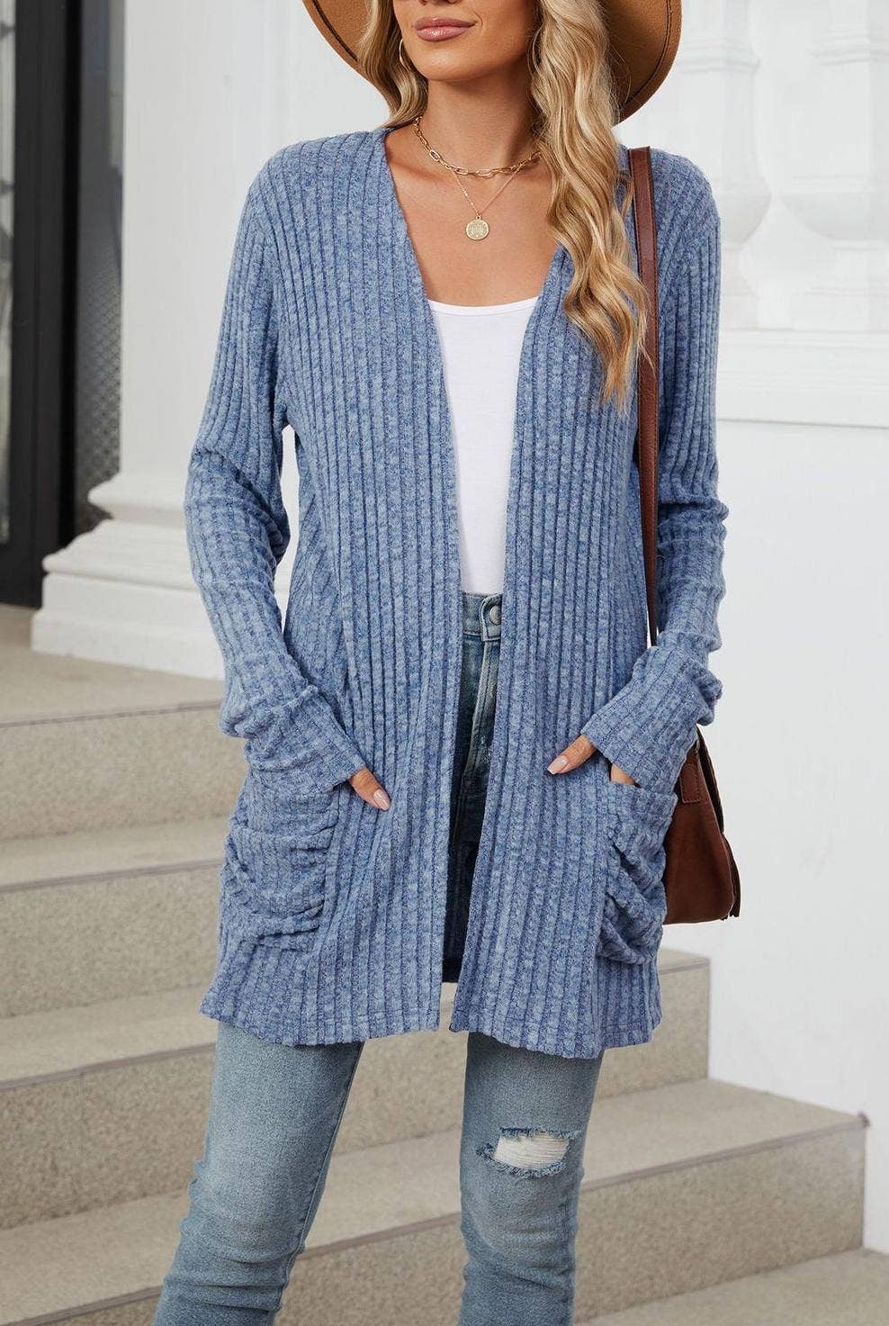 FULL TIME PURCHASE - Vente Cardigan – femme - Gilet en maille uni à manches longues avec poches0