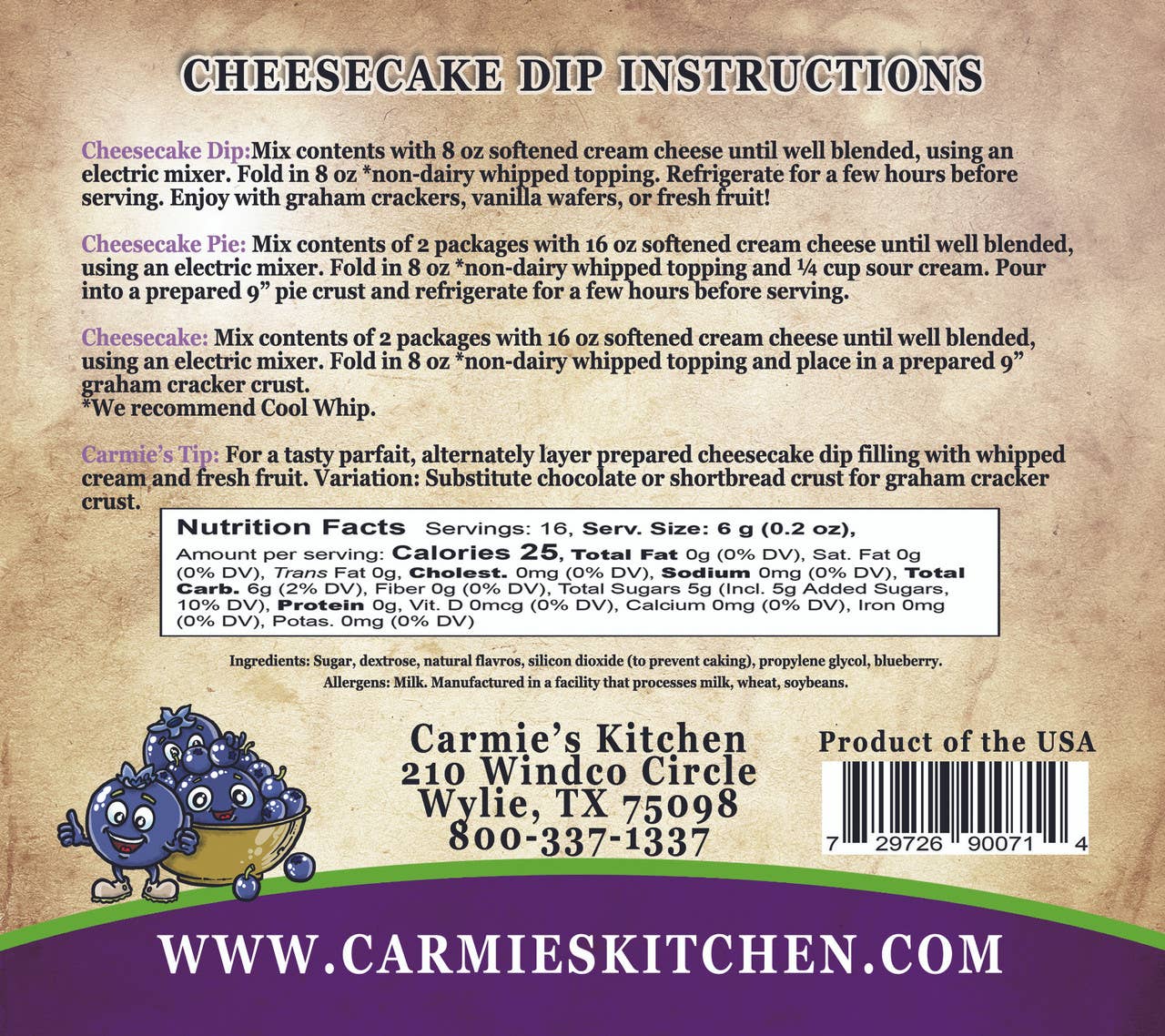 Carmie's Kitchen - Wholesale Dip - Wild Blueberry Cheesecake Dip Mix1