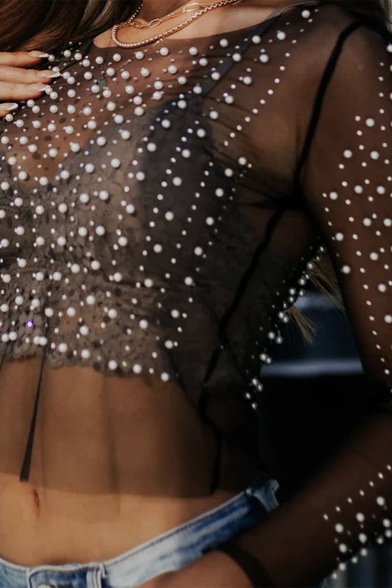 Mccolin - Vendita all'ingrosso Camicetta - Donna - Blusa Trasparente con Perle Decorate0