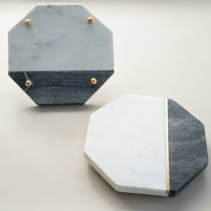 Black & White Marble Octagon Trivets w/ Gold Inlay S/2 for wholesale by India Handicrafts Inc