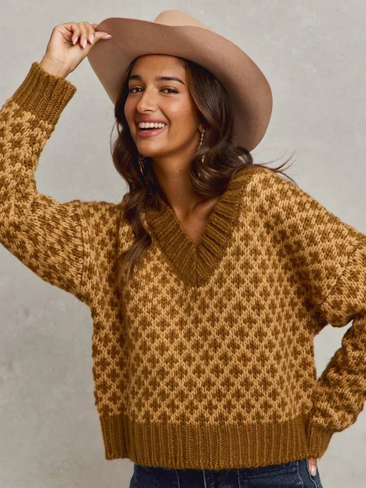 Farbblock-Strukturierter Weihnachtspullover mit V-Ausschnitt für den Großhandel von Garden Naked