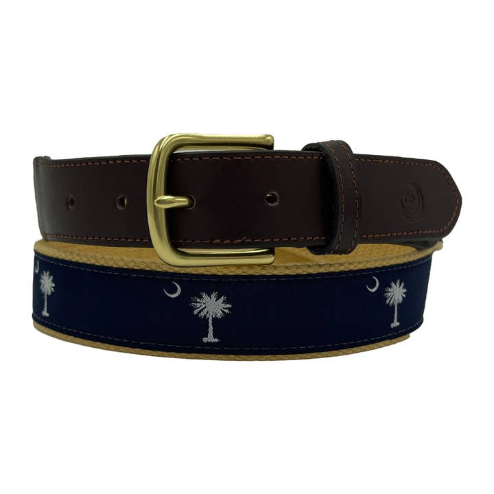 Charleston Belt - Wholesale Belt - Unisex - Navy on Khaki - South Carolina Crescent Moon Palmetto Belt