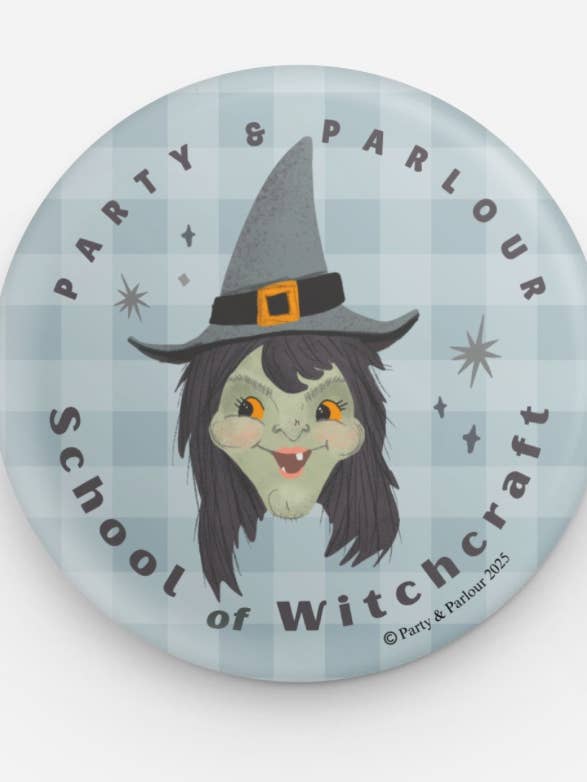 School of Witchcraft Gwen the Witch Halloween Button Pin for wholesale by Party & Parlour