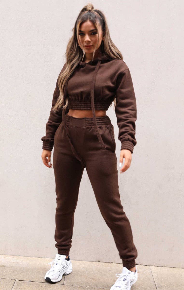 Femme Luxe - Wholesale Lounge Set - Women's - Chocolate Long Sleeve Crop Hoodie High Waisted Joggers Shirred Detail Fleece Loungewear Set - Costella1