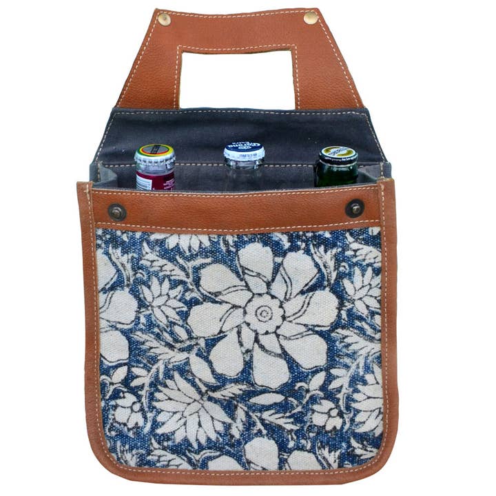 Blue Canvas & Flowers Beer Carrier for wholesale by Clea Ray Canvas Bags & Clothing