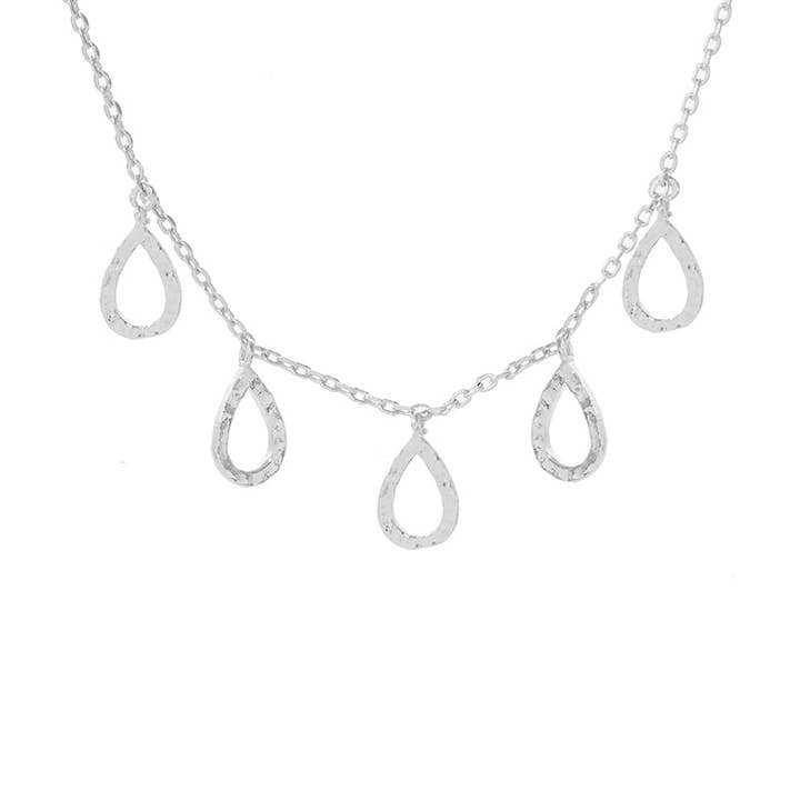 Wild Honey - Wholesale Pendant/Charm Necklace - Five Hammered-Texture Cutout Teardrop Charms 18K-Gold-Dipped Necklace1