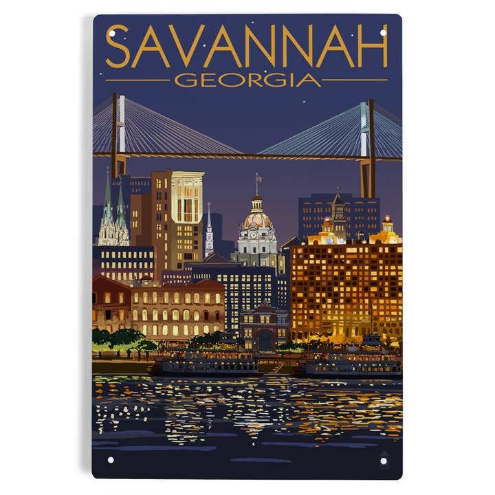 LETRERO DE METAL ART Savannah, Georgia de noche para venta al por mayor de Lantern Press