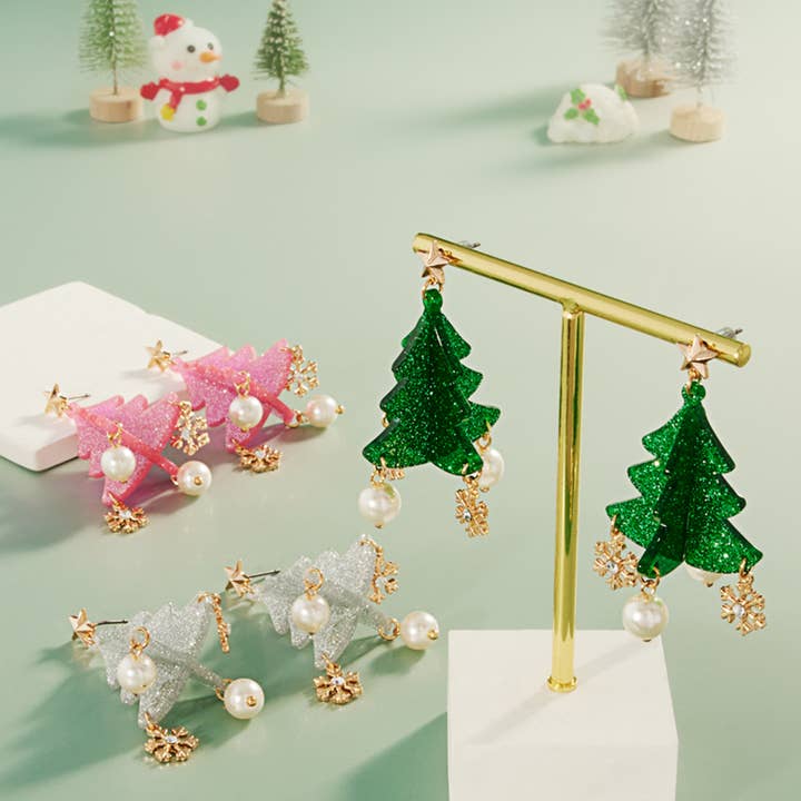 Fashion City - Wholesale Dangle Earrings - Christmas Tree Shape Acetate Post Earrings