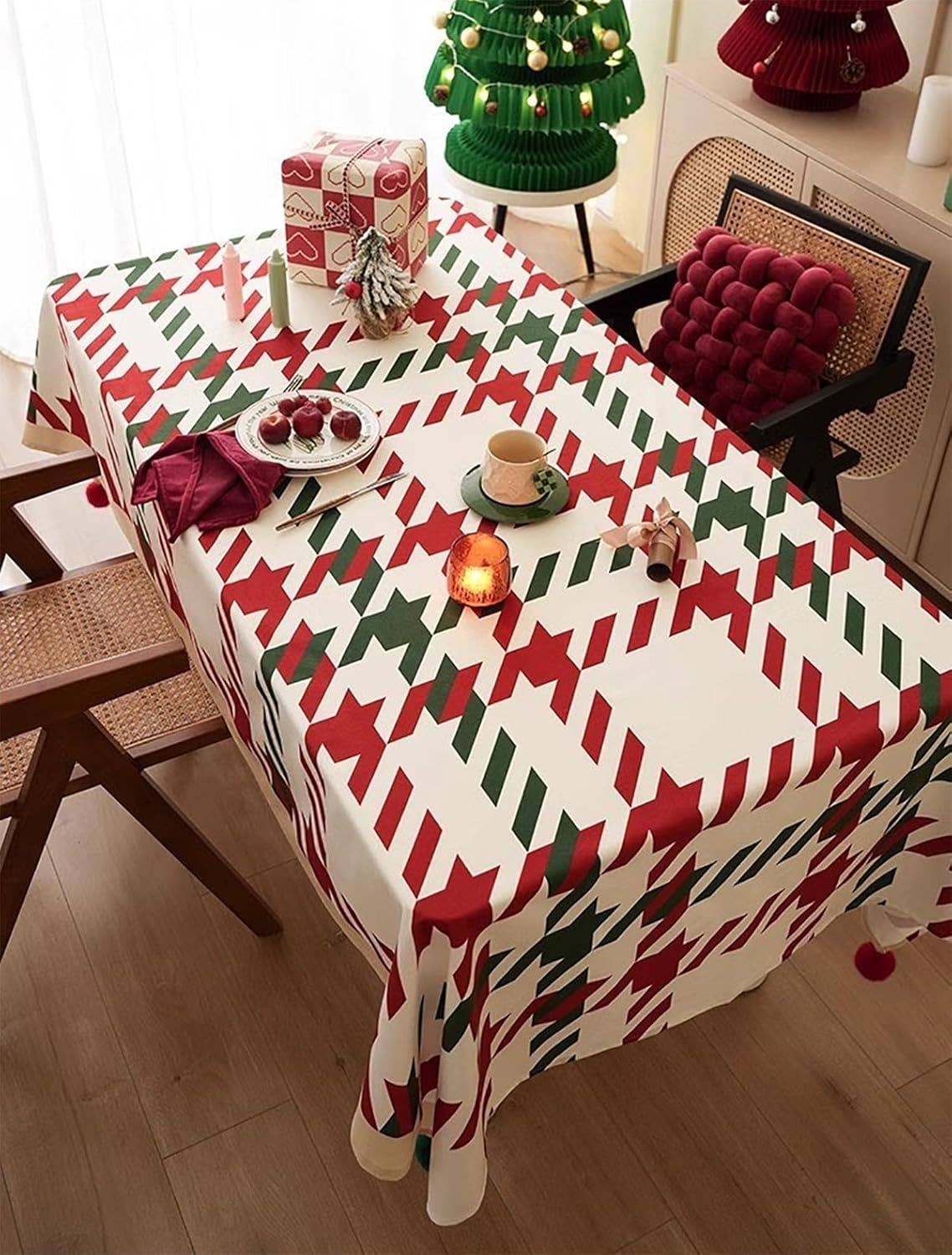 Fennco Styles - Wholesale Tablecloth - Classic Plaid Holiday Tablecloth with Pom-Poms0