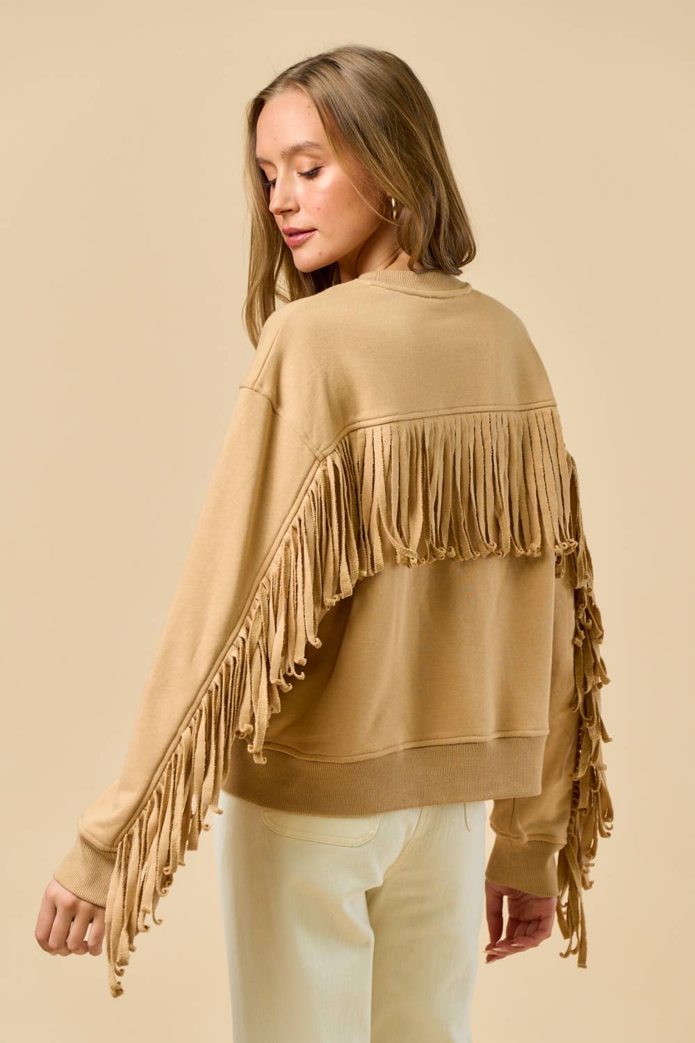 LT TAUPE ILT6356 Crew Neck Long Sleeve French Terry Top with Fringe for wholesale on Faire4