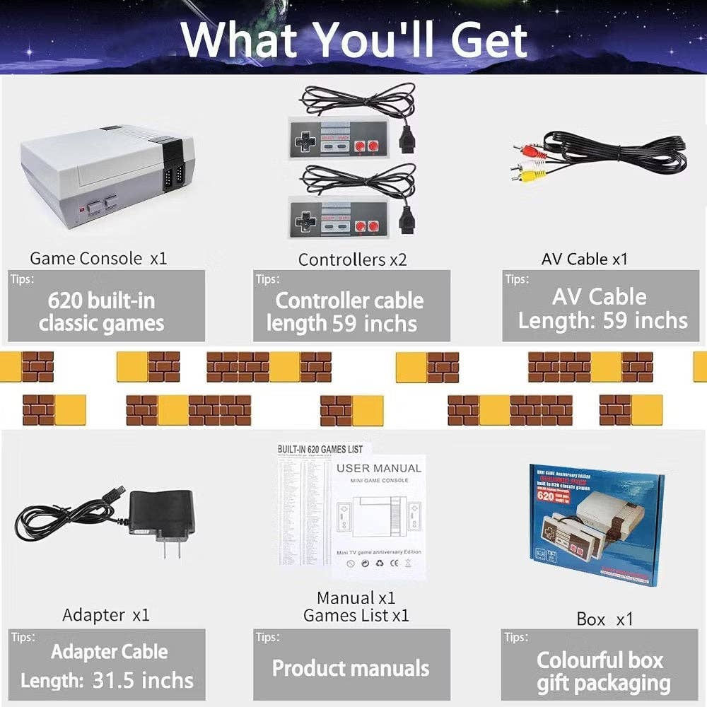 Infinite Basics – Engroshandel Elektronisk legetøj - Børn og baby – Retro mini spil-konsol med 620 klassiske spil, AV-udgang og to controllere3