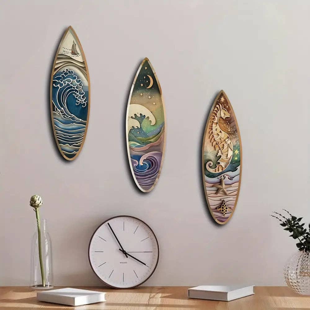 Huis Van Merken - Wholesale Gallery Wall Set - 3pcs Boho Wooden Surfboard Wall Art Set with Sailboat, Seahorse, and Night Wave Patterns1