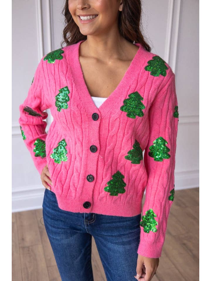 Pink Sequin Trees Cardigan for wholesale on Faire