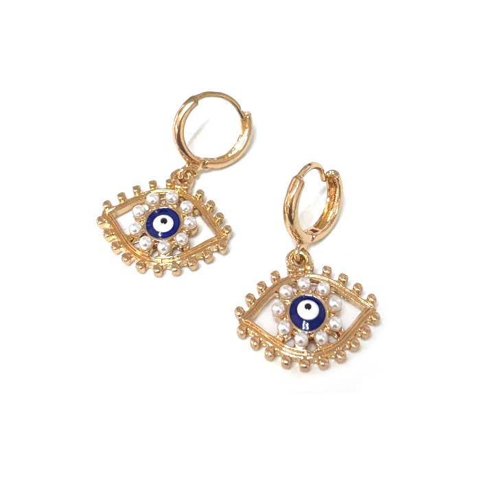 Evil Eye Enamel with Pearl Bead Dangle Huggie Earrings for wholesale by StarryNYC