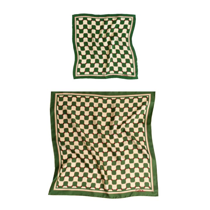 Lost Pattern NYC - Wholesale Scarf - Unisex - "Checkerboard" Silk Pocket Square & Silk Bandana Scarf Set - Green