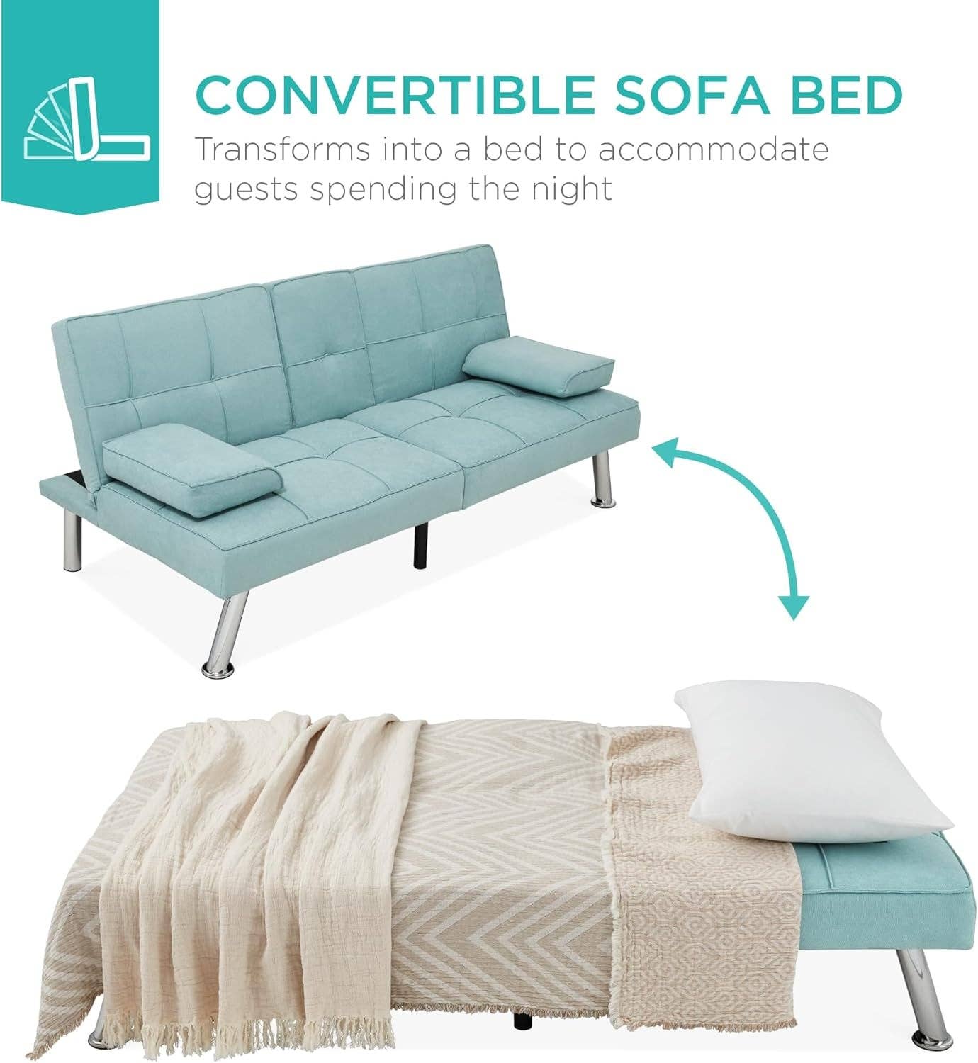 Linen Folding Futon Sofa Bed Aqua With Removable Armrests for wholesale on Faire4