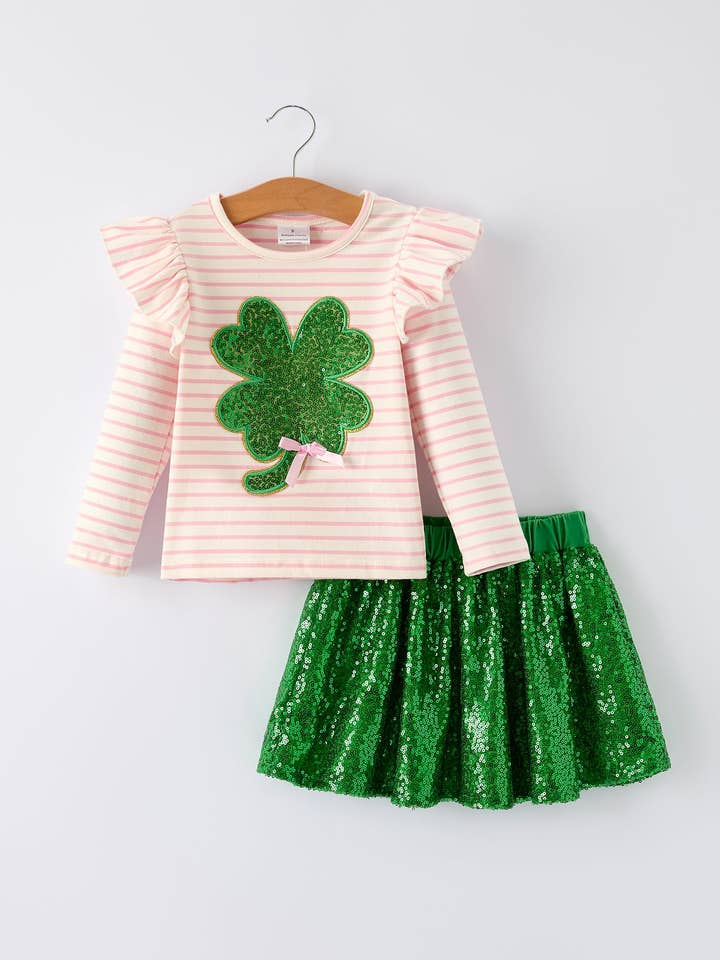 Conjunto de Top a Rayas del Día de San Patricio con Trébol Brillante y Falda de Lentejuelas para venta al por mayor de Rylee Faith Designs
