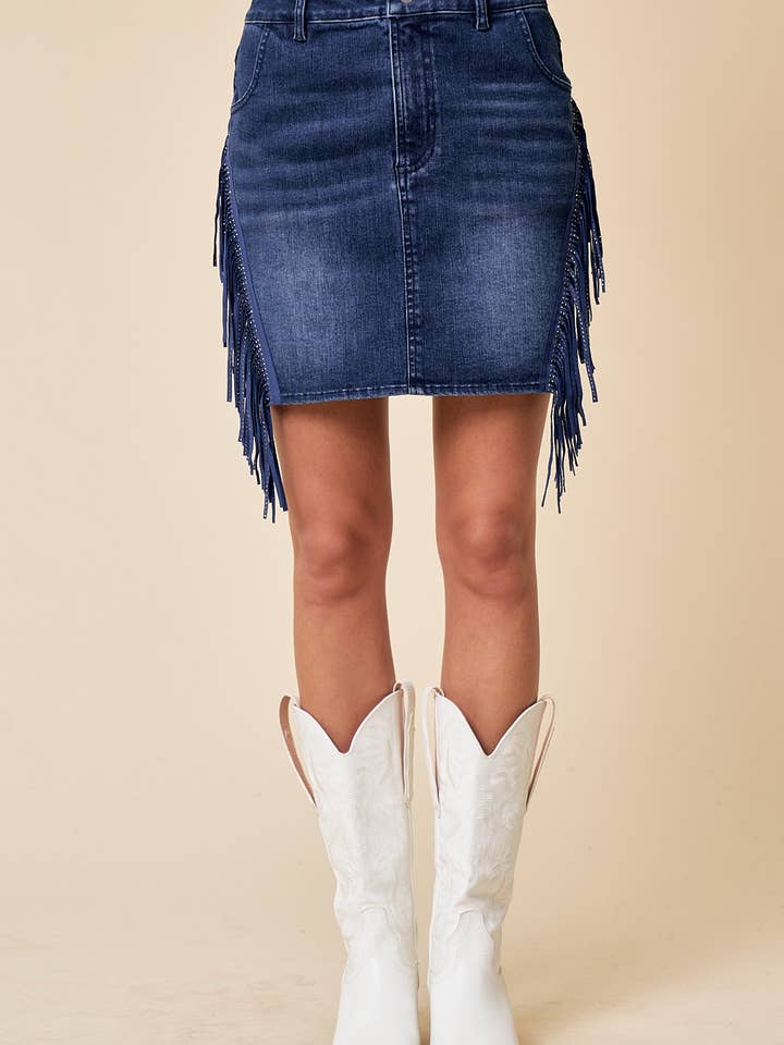 SIS1171A FRINGED DENIM MINI SKIRT for wholesale by Saints & Hearts