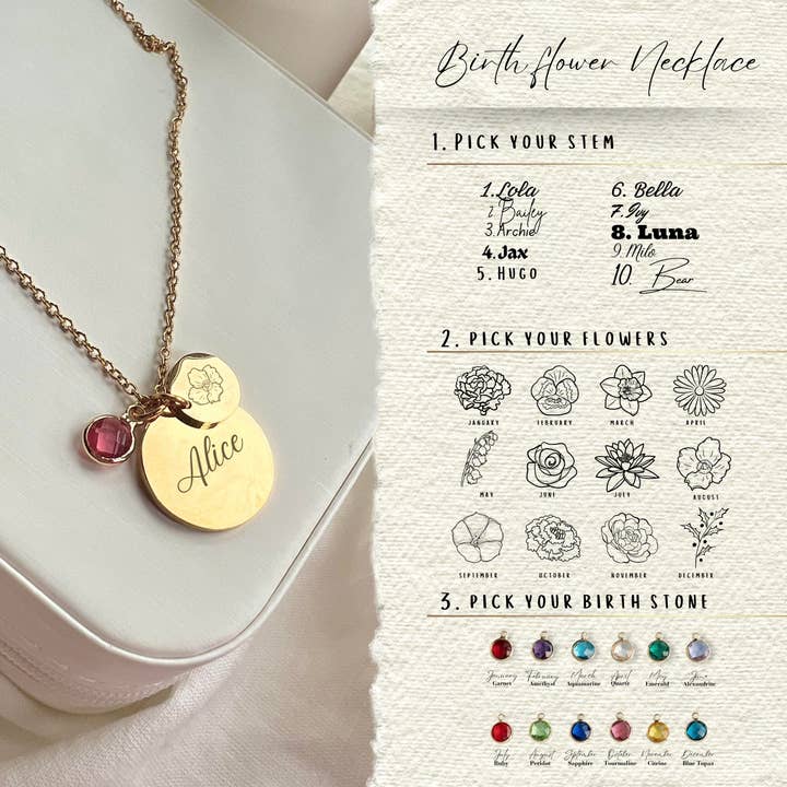 Gold Engraved Birth Flowers Necklace with Birth Stone for wholesale by Rossie Jewellery