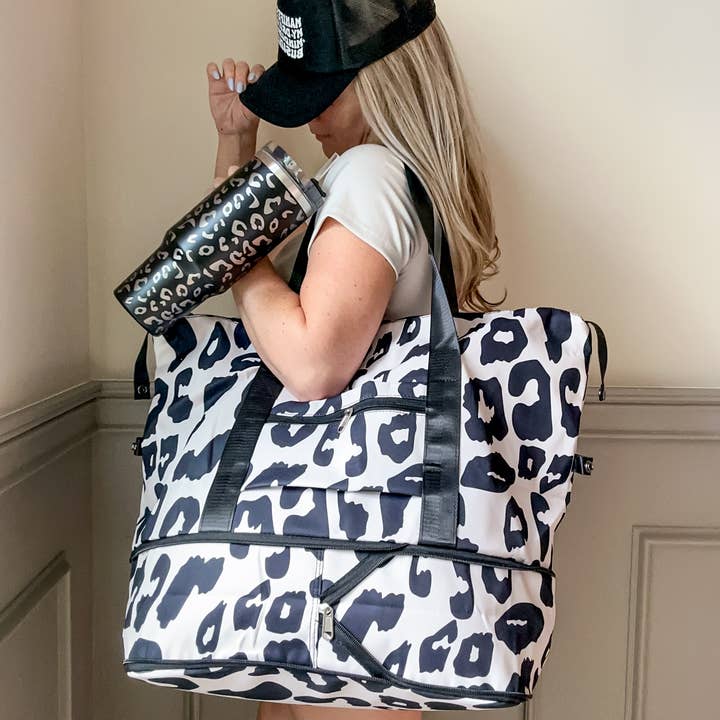 Sunrise Collective - Wholesale Weekender Bag - Women's - Expanding Wet Dry Travel Duffle In Pink or Black Animal Print