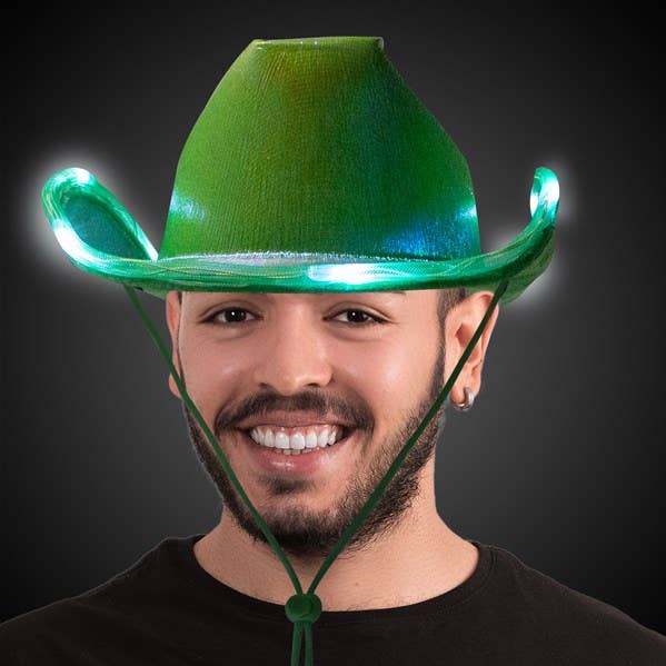 LED Green Iridescent Cowboy Hat with White LEDs for Events for wholesale by Windy City Novelties