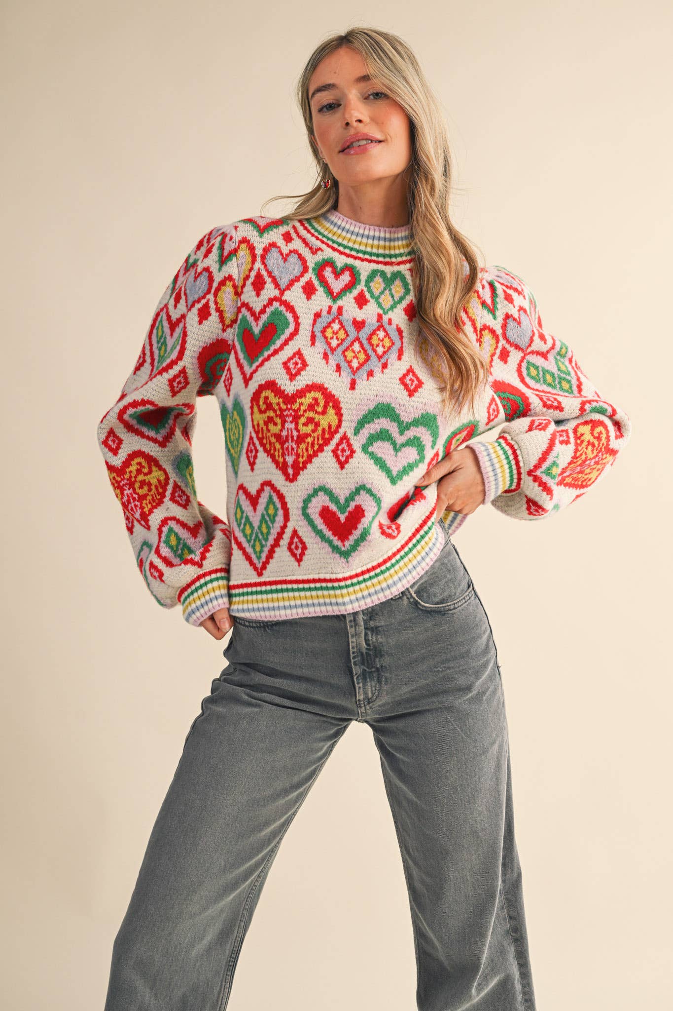 &MERCI - Wholesale Knit Sweater - Women's - HEART PATTERN PULLOVER SWEATER MSW1091340