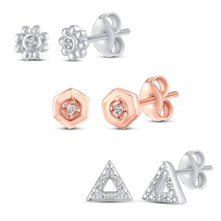 3 Pairs Set Ear Party 1/20 Cttw Natural Diamond Daisy Flower for wholesale by Fifth and Fine