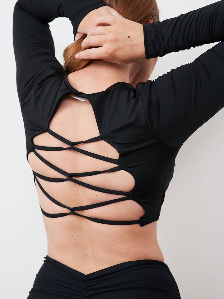 Gia Top - Criss Cross Long Sleeve Recycled Black for wholesale on Faire