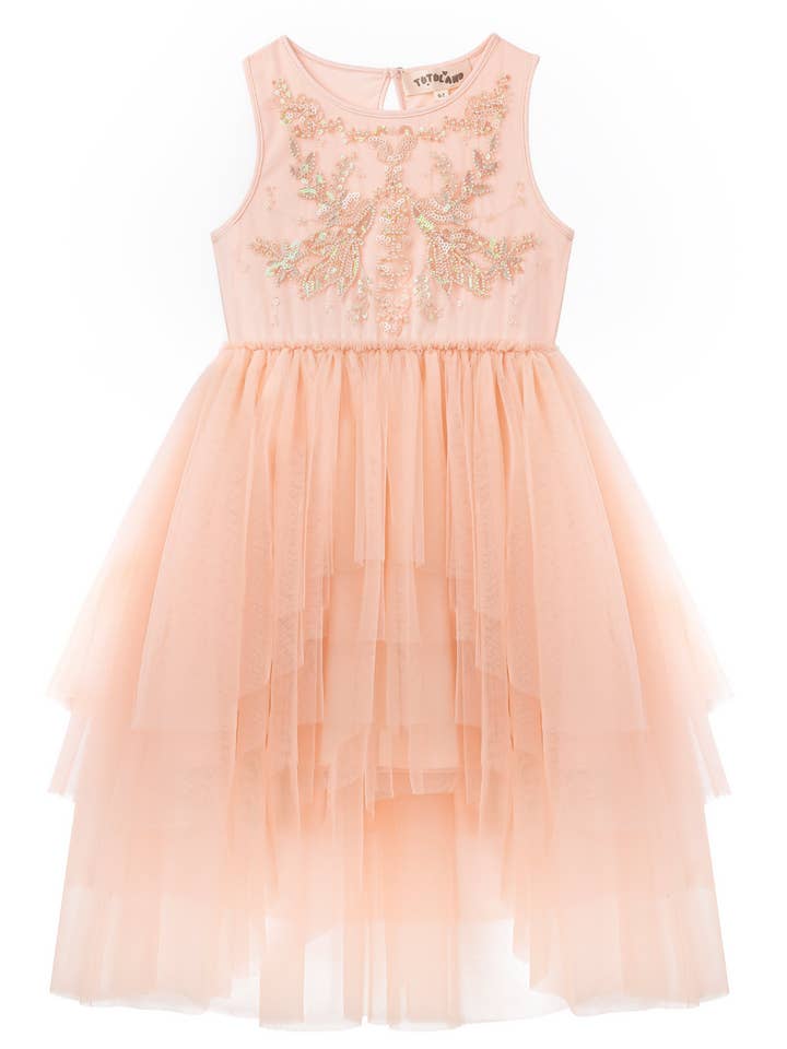 Soft Peach Whimsical Layered Tulle Toddler Dress for wholesale on Faire