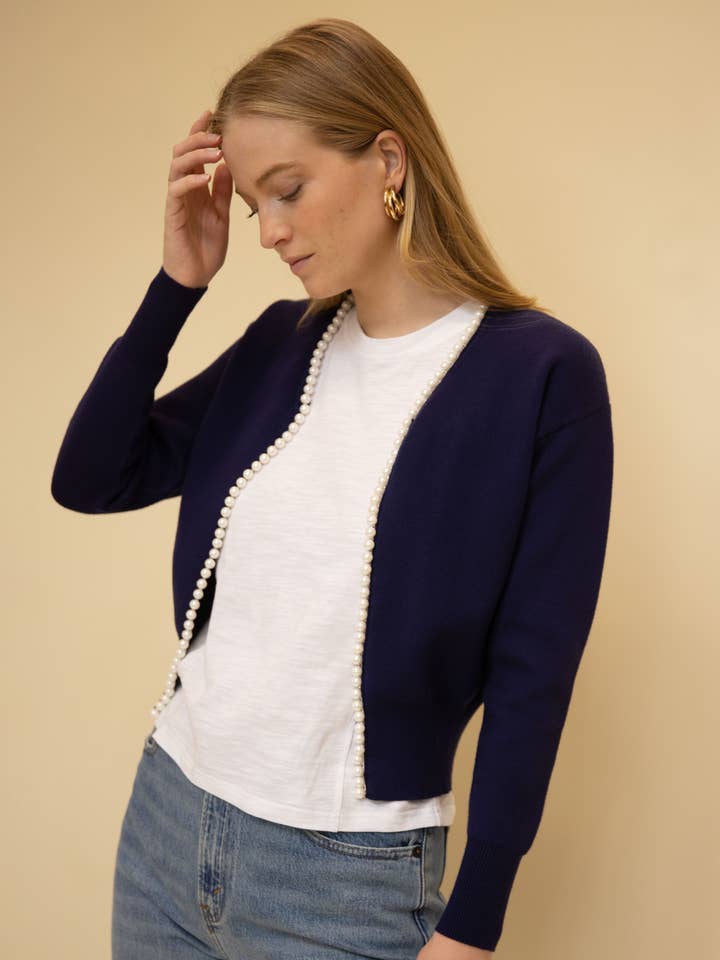 Pearl Trimmed Rib Contrast Cardigan for wholesale by Before You Collection