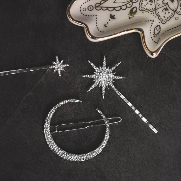 LUNA CHARLES EMRA LTD - Wholesale Hair Clip - Women's - Juno Moon & Star Hair Clip Set | Silver
