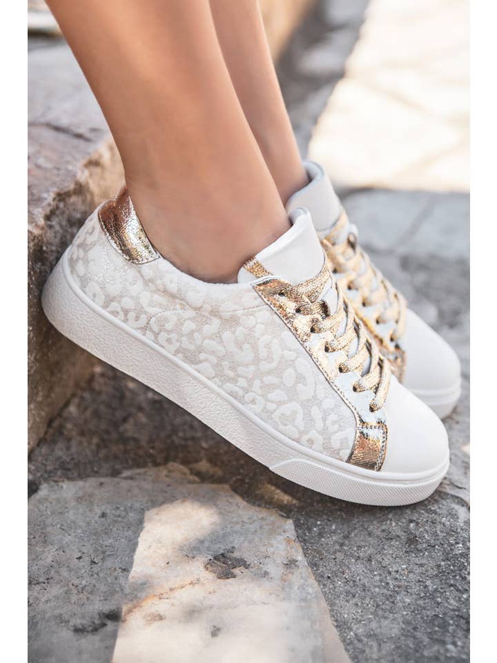White LDC Leopard Print Glitter Patched PU Leather Lace-up Shoes for wholesale on Faire2