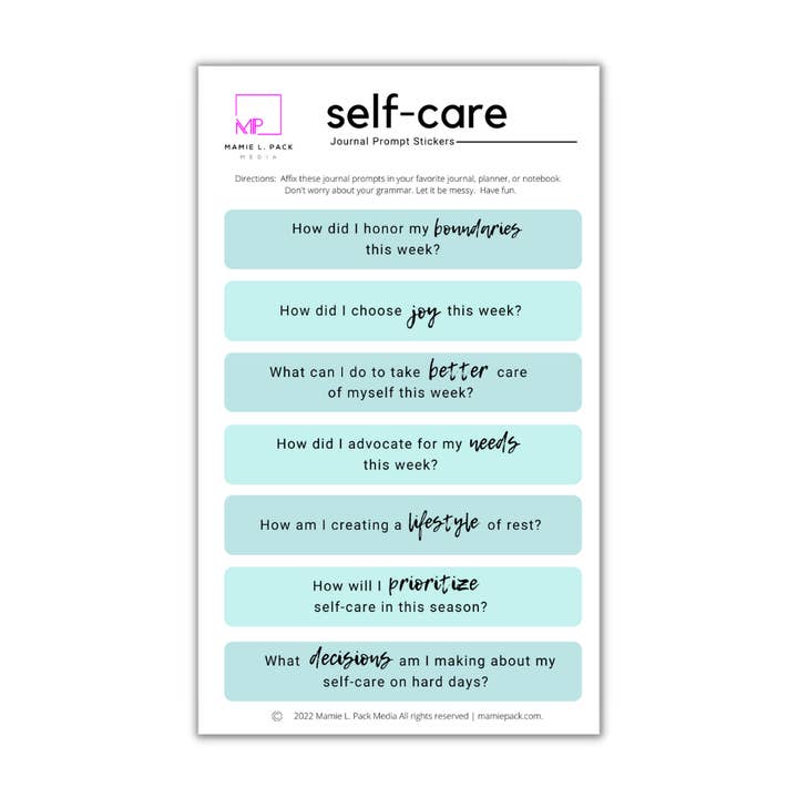 Self-Care Guided Journaling Prompt Stickers for wholesale by Mamie L. Pack Media