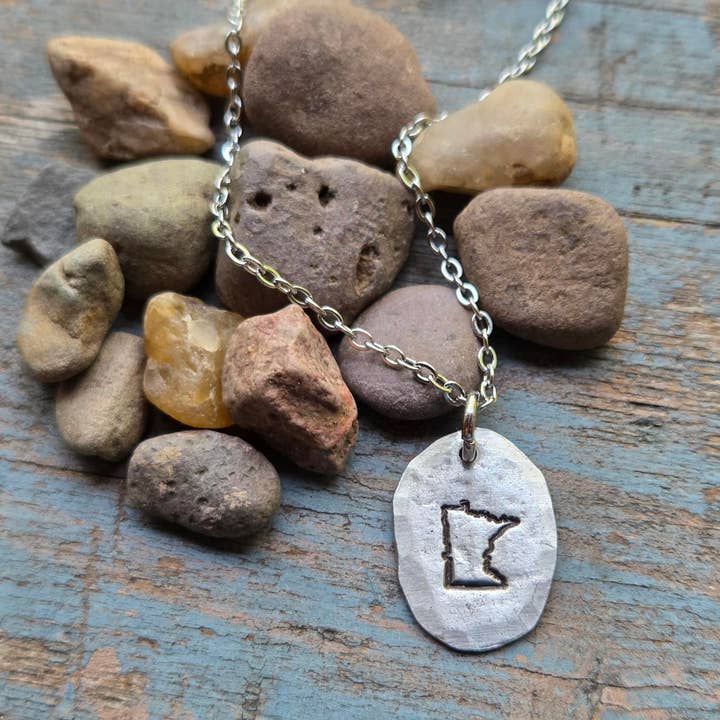 Minnesota State Necklace, Hand-Stamped Pewter for wholesale by Kathryn's Collection