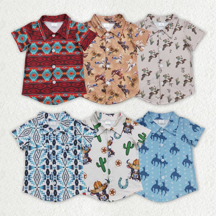 Aier Wholesale - Wholesale Button Down Shirt - Kids - Baby Boys Western Sibling Short Sleeve Buttons Tee Shirts Tops