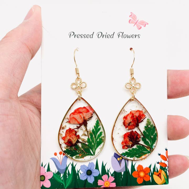 Mio Queena - Wholesale Dangle earrings - Rose & Fern Leaves Dried Flower Drop-shaped Earrings - PDF1