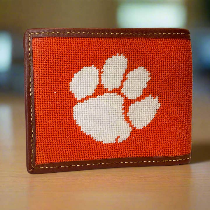 Clemson University Tiger Paw Needlepoint Wallet for wholesale by Charleston Belt