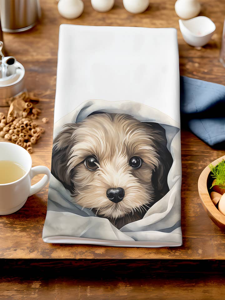 George - Söt valp i filt - Unik hundkökshandduk för wholesale av Homemade Hollydays Wholesale