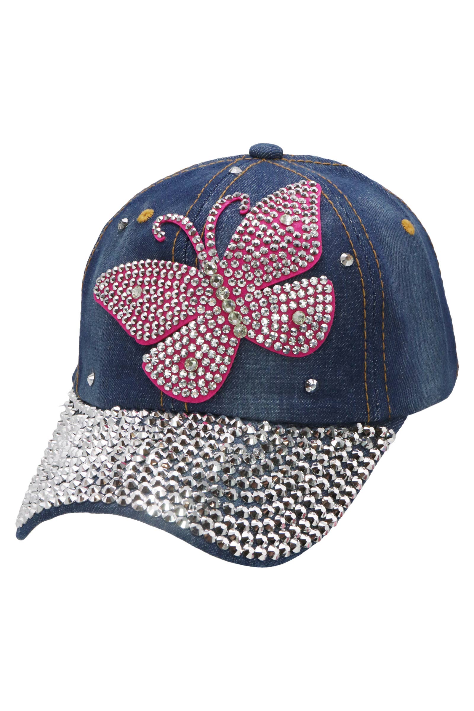 Cap Zone - Wholesale Baseball Cap - Women's - Butterfly Bling Rhinestone Denim Blue Baseball Cap0
