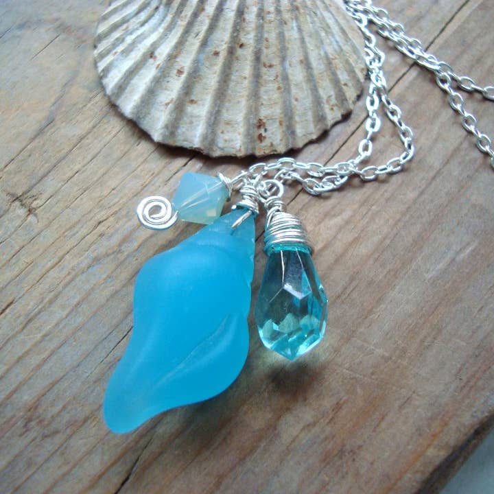 Aqua Glass Shell and Crystal Necklace for wholesale by Fuchsia Bloom Studio