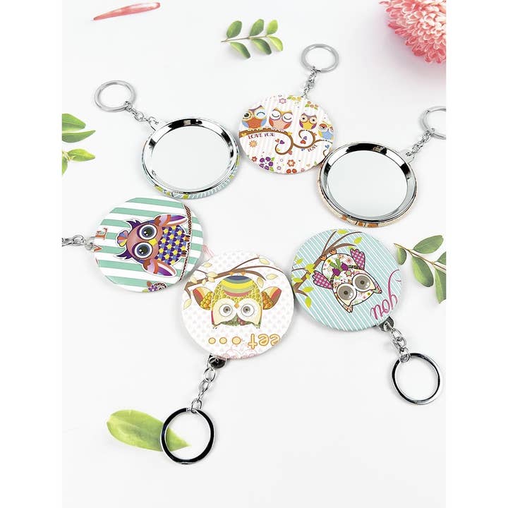 ASSORTED ROUND COMPACT MIRROR KEYCHAIN OF COLORFUL OWL PRINT
for wholesale on Faire0