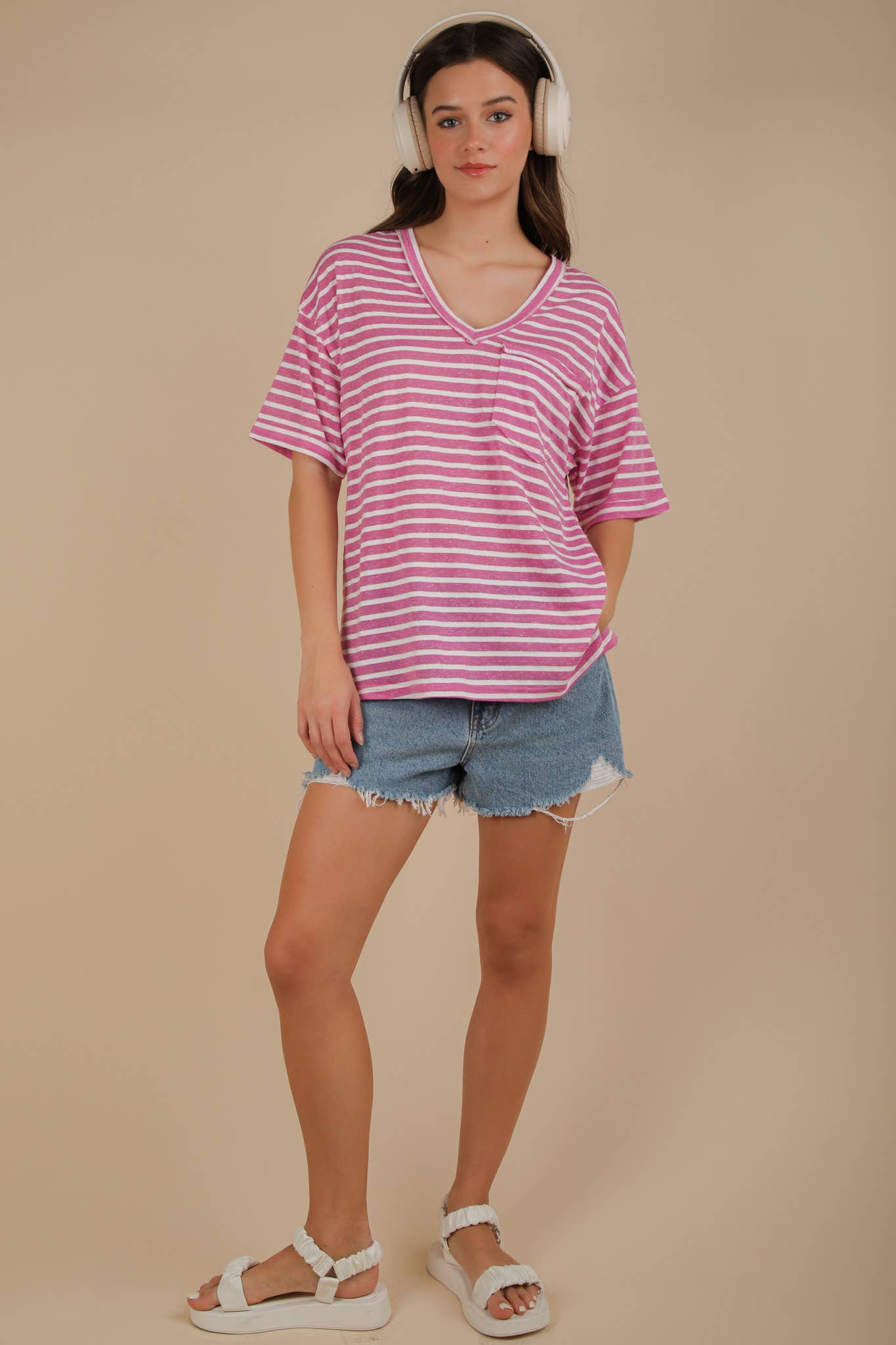 VERY J - Wholesale Knit Top - Women's - NT12167-Oversized Stripe Casual V-Neck Knit Top7