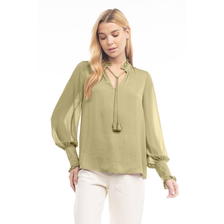 Long Sleeve Tie Neck Contrast Sleeve Blouse for wholesale by Naked Zebra Rack