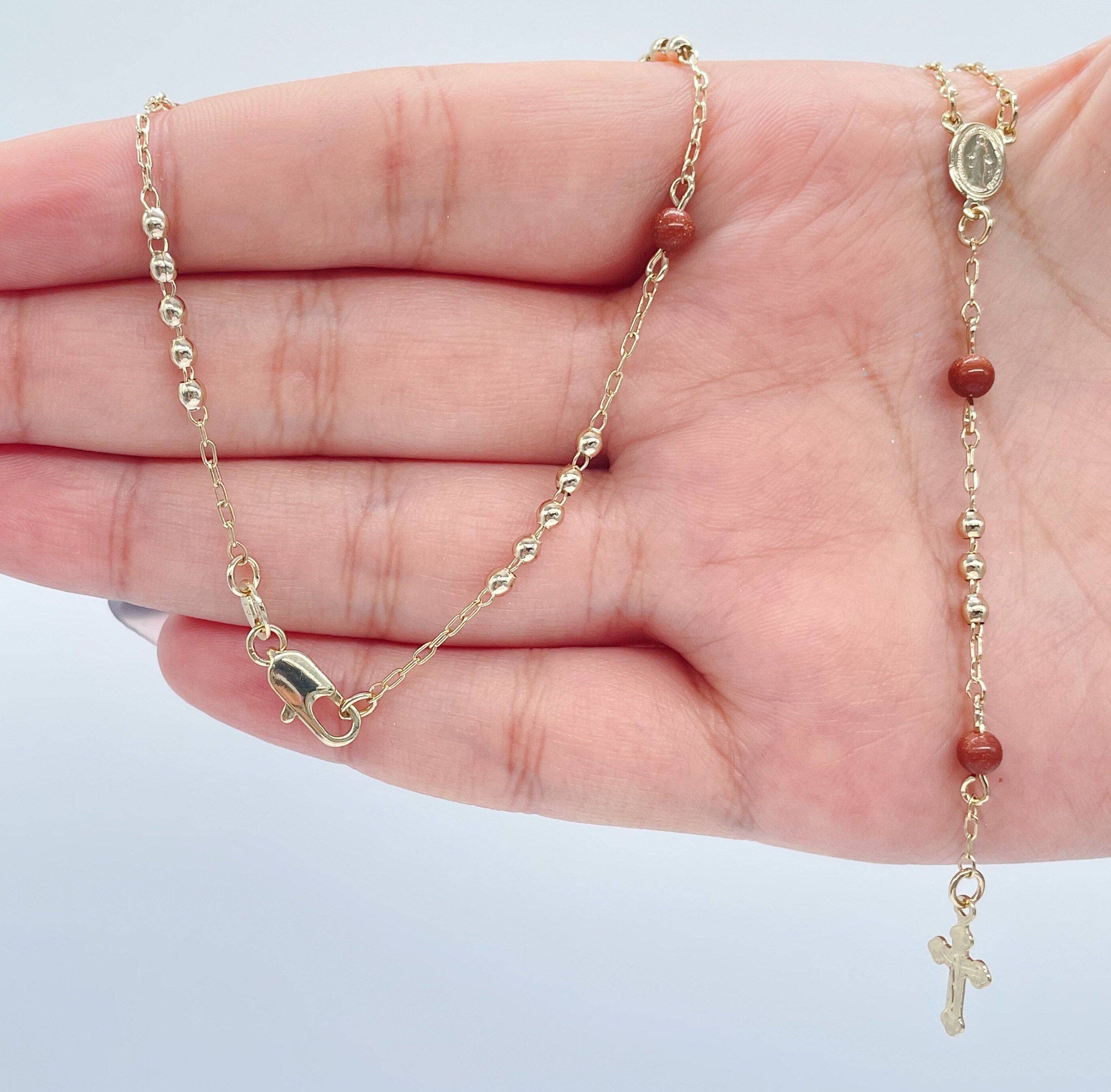 Milie - Wholesale Prayer Beads Necklace - 18k GF Rosary: Brown Aventurine Beads, Victorian Cross4