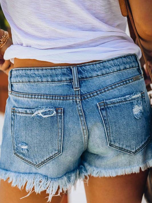 Light Blue Straight Breasted Ripped Tassel Denim Shorts for wholesale on Faire