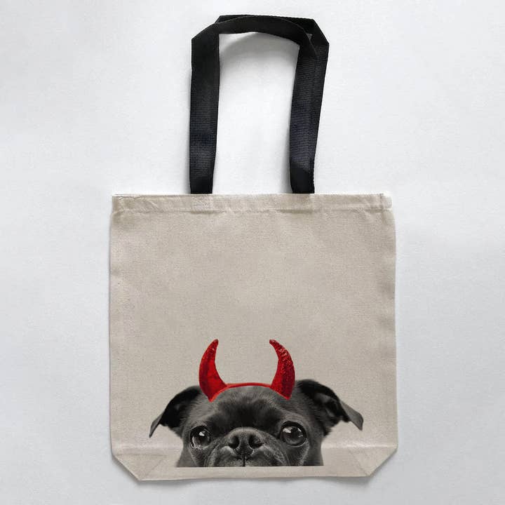 Black Pug 2 Peeking Lil' Devil Halloween Tote for wholesale by Perkie Prints