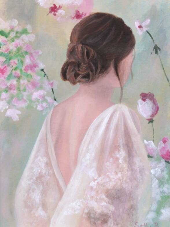 Woman back portrait figurative with flower pastel illustrati for wholesale by Sally B
